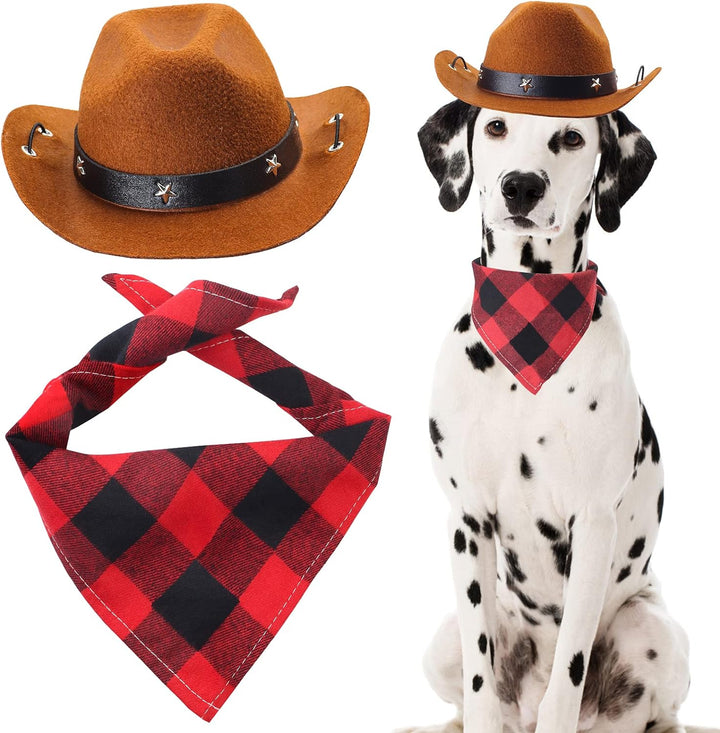 Pet Cowboy Costume Accessories - Dog Cat Pet Size Cowboy Hat and Bandana Scarf West Accessories for Puppy Kitten Party Festival and Daily Wearing Set of 2 (Coffee)