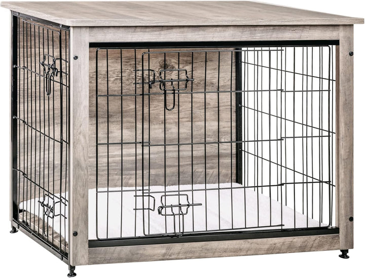 Dog Crate Furniture with Cushion, Wooden Kennel Table with Double Doors, Indoor Dog House, Small/Medium/Large/Extra Large Size, 27.2" L, Rustic Brown