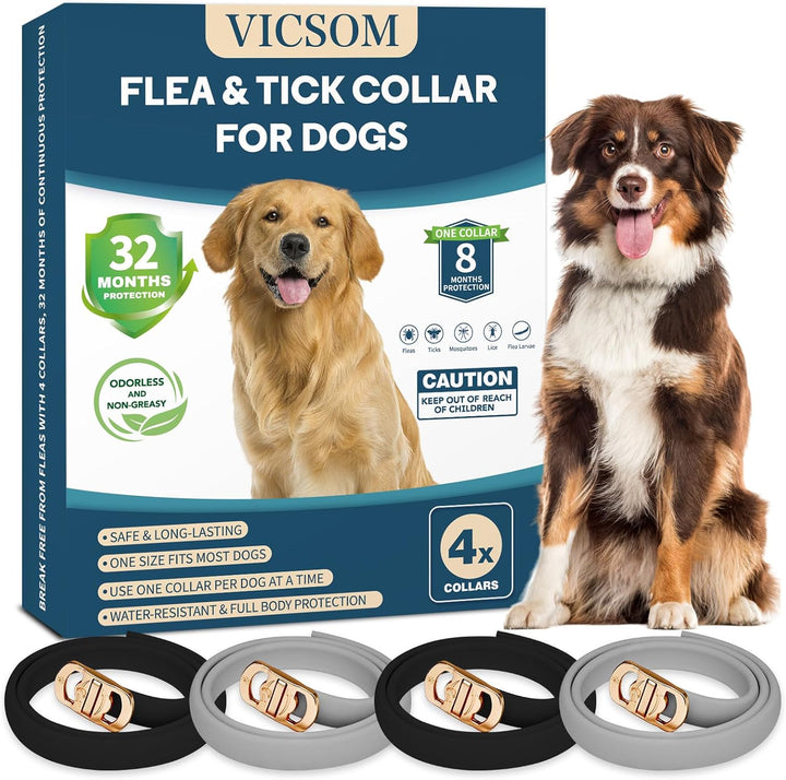 4 Pack Flea Collar for Dogs, Dog Flea and Tick Collar 32 Months Flea and Tick Treatment for Dog, Waterproof Adjustable Dog Flea and Tick Prevention Collar for Small Medium Large Dog Puppy, Black