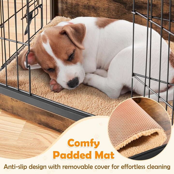 27.5'' Dog Crate Furniture with Cushion Wooden Dog Crate with Double Doors/Adjustable Feet Side End Table for Small/Medium Dogs, 27.5" L X 20" W X 24" H