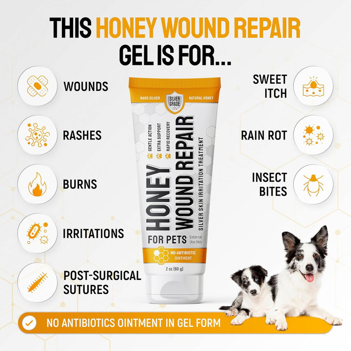 Dog Wound Care with Honey & Colloidal Silver for Scratches & Skin Irritations – Horse & Dog Hot Spot Treatment Gel Works as Honey Rapid Wound Repair – for All Pet Ages & Breeds – 2-Oz Tube