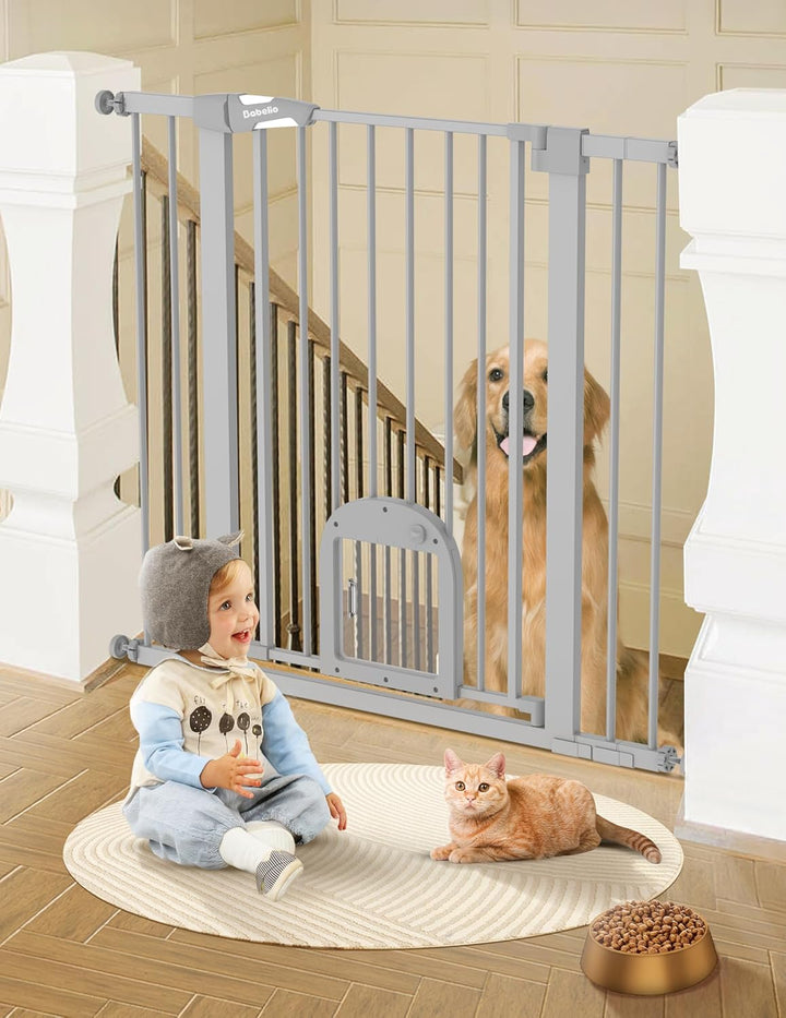Baby Gate with Adjustable Cat Door,29-43" Auto Close Durable Pet Door for Stairs,Doorways and House,Pressure Mounted,Easy Install,Effortless Walk Thru,White
