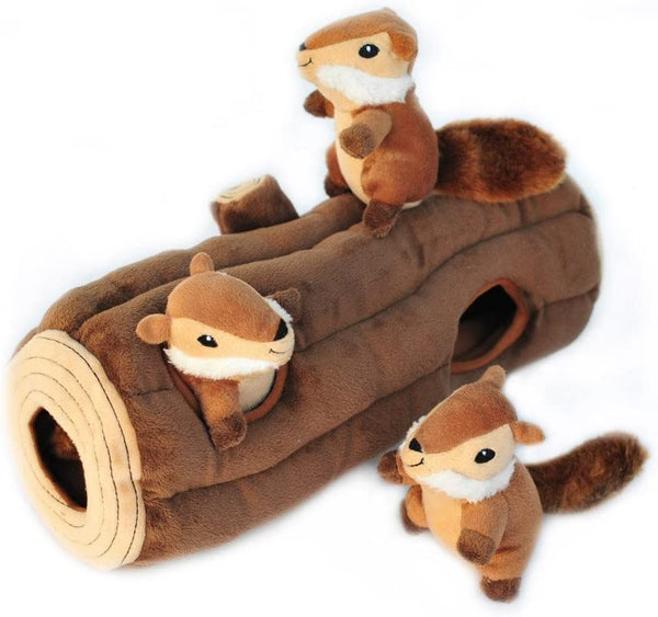 Burrow- Interactive Dog & Puppy Toys for Boredom, Stimulating Pet Products to Keep Them Busy, Hide & Seek Plush Dog Puzzles, Squeaky Toy for Enrichment, for Small & Medium Dogs- Chipmunk Log