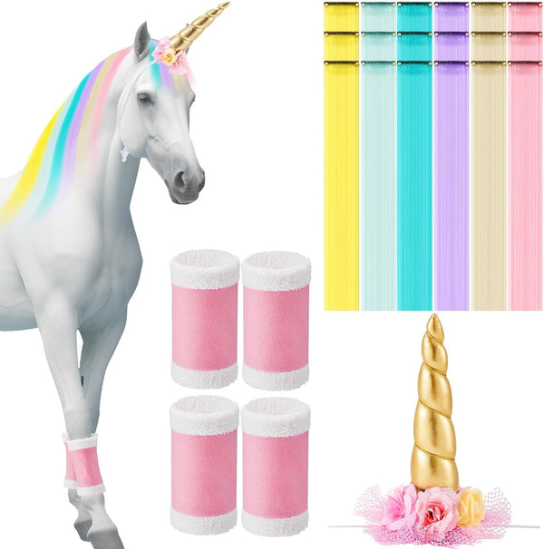 23 Pcs Horse Costume, Include 1 Unicorn Horn, 18 Clip in Hair Extensions, 4 Leg Wraps for Real Horses Western Party Bling Accessory
