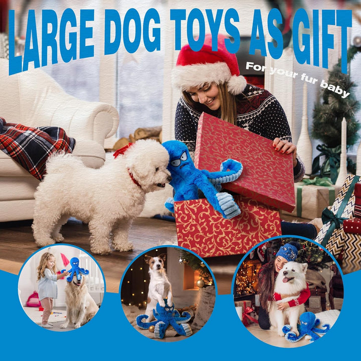 Tough Dog Toys, Stuffed Chew Large Dog Toys to Keep Them Busy, Interactive Squeaky Tug of War Doggie Toy, Crinkle Blue Octopus