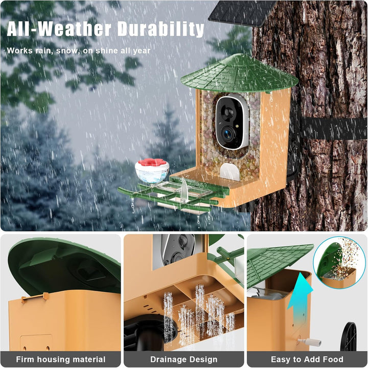 Smart Bird Feeder with Camera with AI Identify Birds Species & Solar Panel, Wifi Birdfeeder with Cam, 2K Live View, Chew-Proof & Waterproof Design, Real-Time App Alerts, Gift for Bird Lovers, Green