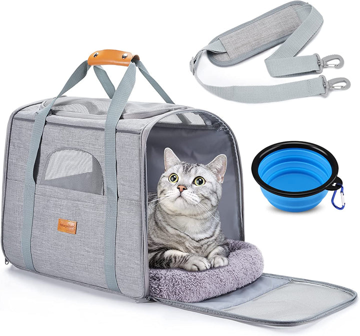 Cat Carrier - Soft Sided Cat Carrier Large for Big Medium Cats and Puppy up to 18Lbs, Pet Carrier with Safety Zippers, Foldable Bowl, Airline Approved Large Dog Carrier - Dark Gray