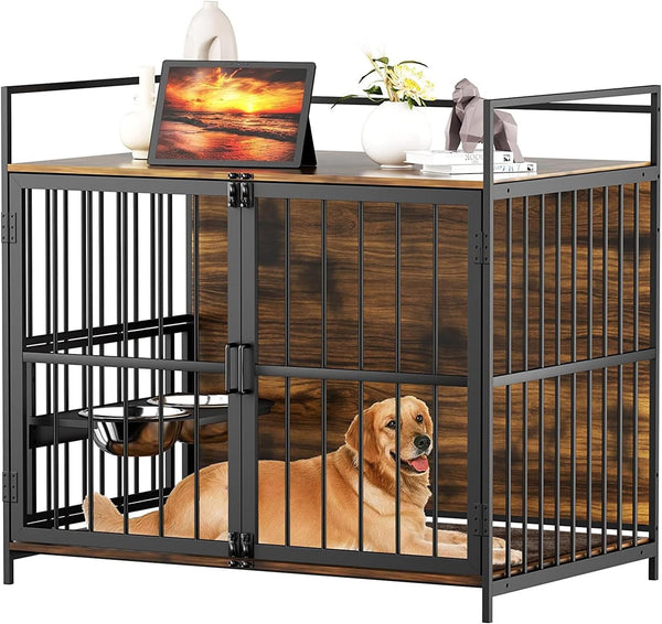 Furniture Style Large Dog Crate with 360° & Adjustable Raised Feeder for Dogs 2 Stainless Steel Bowls -End Table House Pad, Indoor Use,41" L X 24" W 36" H, Classic Brown