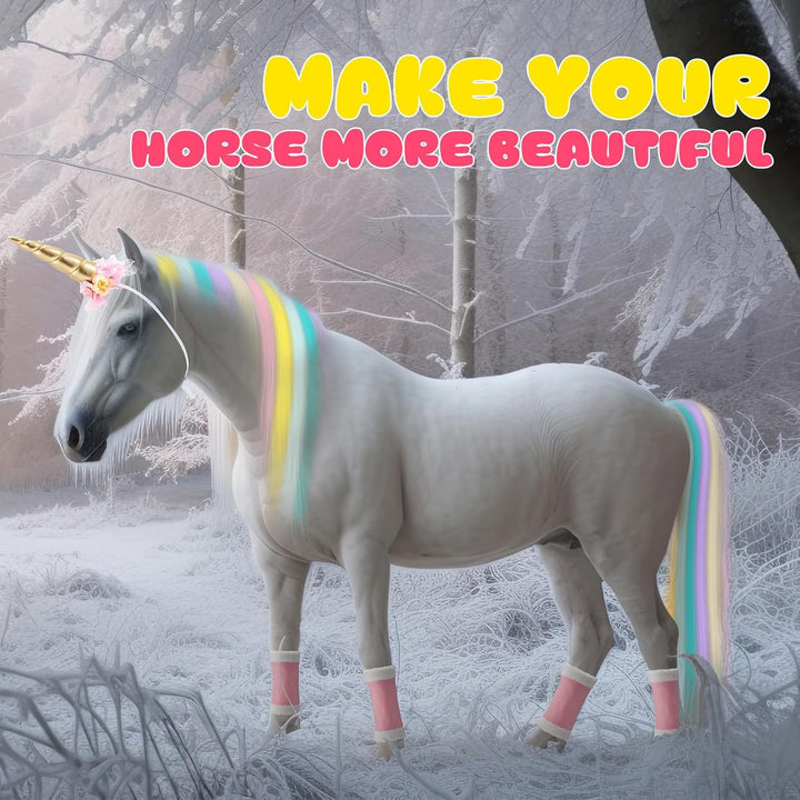 23 Pcs Horse Costume, Include 1 Unicorn Horn, 18 Clip in Hair Extensions, 4 Leg Wraps for Real Horses Western Party Bling Accessory