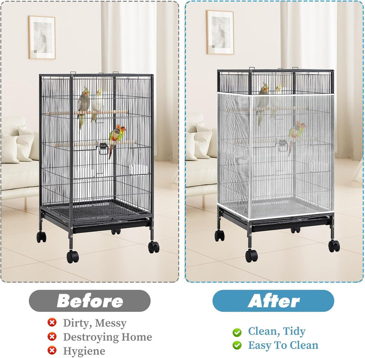 Large Bird Cage Net, Universal Adjustable Bird Cage Covers Mesh Polyester Birds Cages Seed Catcher Parakeet Cages Liners Birds Cagees Accessories for Birdcage Parakeet Parrot Enclosures (White)