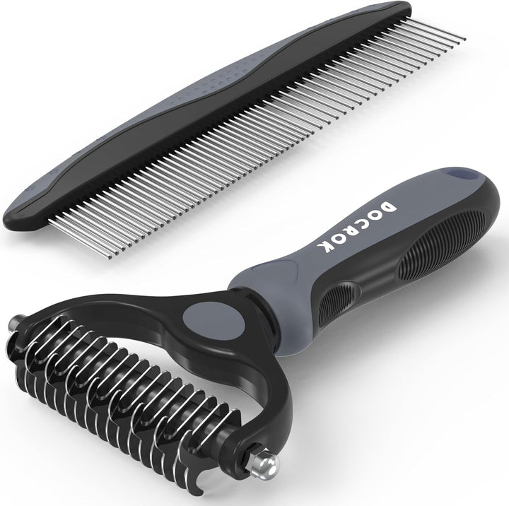 Pet Grooming Combo - Blue Deshedding Brush with Metal Comb for Detangling and Dematting Long, Matted Fur on Cats and Dogs