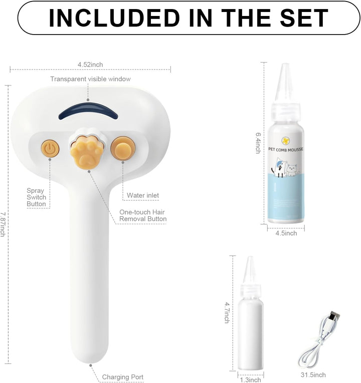 Pet Steam Brush for Dog & Cat – 3-In-1 Spray Hair Removal Comb – Steam for Shedding & Grooming – Water Brush for Long & Short Haired Pets – Spritz Defur Comb – Includes Waterless Shampoo