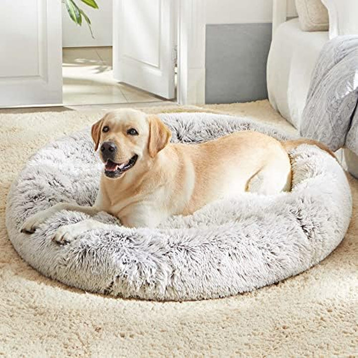 Calming Soft round Dog & Cat Bed, Anti-Anxiety Donut Cuddler Warming Cozy Fluffy Faux Fur Plush Cushion Bed for Small Medium Dogs and Cats (20"/24"/27"/30"), Light Grey