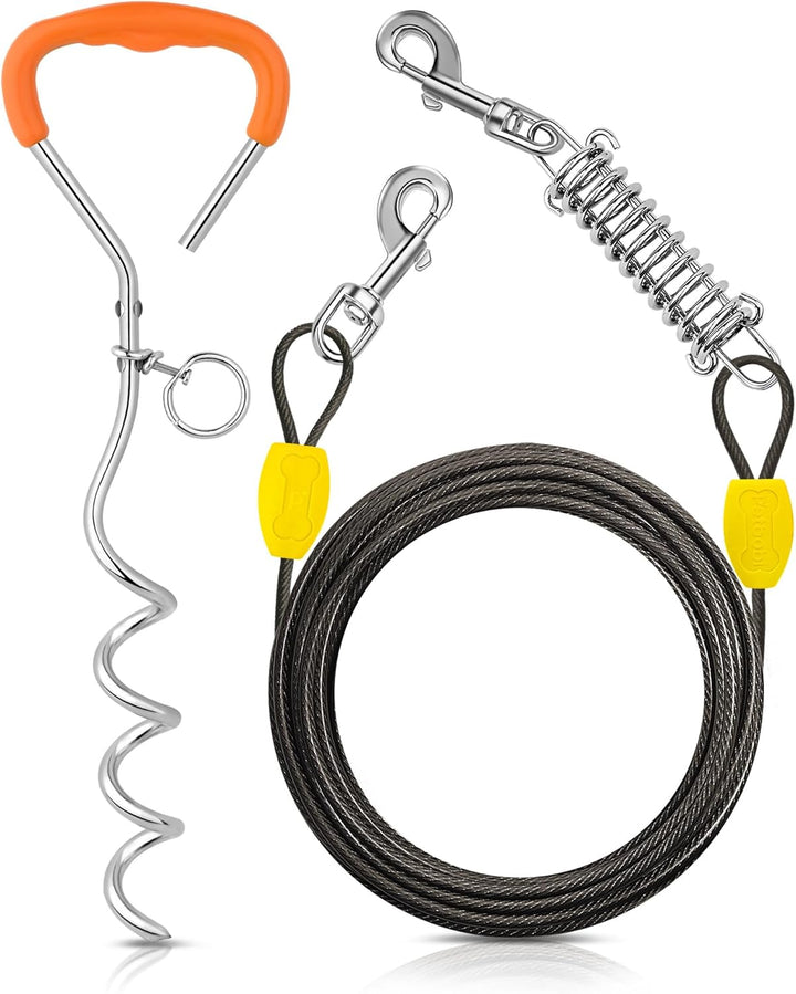 Dog Tie-Out Cable and Stake - 30Ft Heavy Duty Cable with Spring, No Tangle, 16In Ground Stake, Ideal for Yard, Camping and Beach, Suitable for Small Medium Large Dogs up to 120 Lbs, Blue