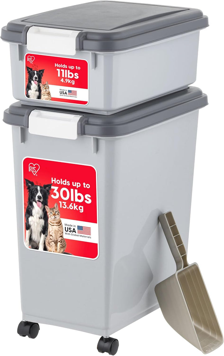 IRIS USA Dog Food Storage Container, 30 Lbs & 11 Lbs Combo, Cat Food Storage Container, Dog Treat Container, Airtight, Stackable, 2-Cup Scoop, Wheels, Easy Mobility, Black