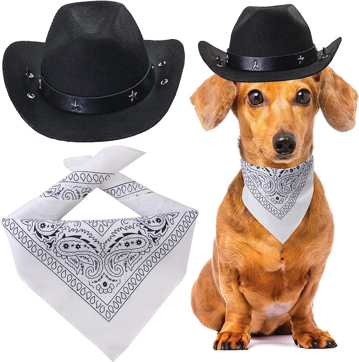 Pet Cowboy Costume Accessories - Dog Cat Pet Size Cowboy Hat and Bandana Scarf West Accessories for Puppy Kitten Party Festival and Daily Wearing Set of 2 (Coffee)