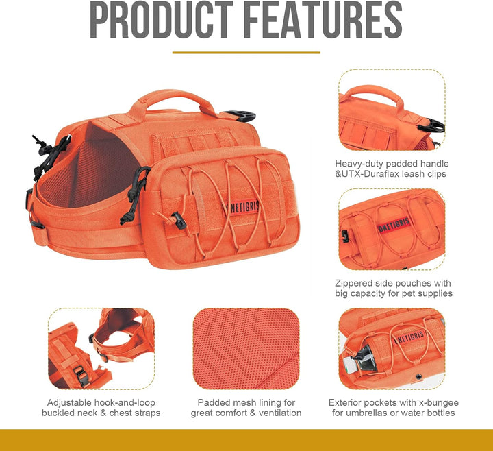 Dog Backpack for Medium & Large Dogs, Mammoth Nylon Dog Pack Tactical Backpack Harness with Side Pockets for Hiking Walking Training Running