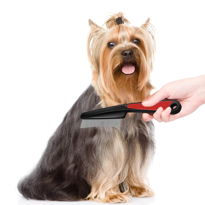 Flea Comb with Rubber Handle, Fine Teeth Grooming Comb for Dogs & Cats (Red)