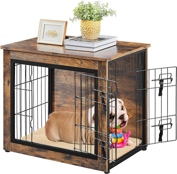 27.5'' Dog Crate Furniture with Cushion Wooden Dog Crate with Double Doors/Adjustable Feet Side End Table for Small/Medium Dogs, 27.5" L X 20" W X 24" H
