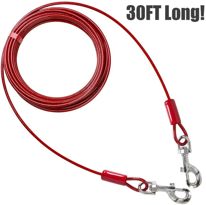 Dog Tie Out Cable 30 Feet - Heavy Duty Dog Lead up to 125 Pounds - Reflective & Rust-Free with Quick Release Swivel Clips & 360° Rotating Clasp - Tangle-Free Dogs Runner for Yard (Red, Single)