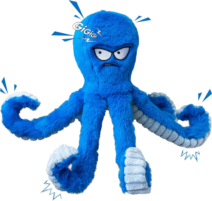 Tough Dog Toys, Stuffed Chew Large Dog Toys to Keep Them Busy, Interactive Squeaky Tug of War Doggie Toy, Crinkle Blue Octopus