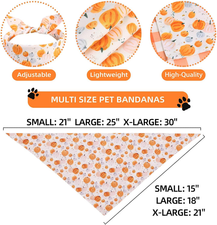 Fall Dog Bandanas 2Pcs-Large, Halloween Thanksgiving Pumpkin and Leaf Bibs Scarf, Reversible Buffalo Plaid Triangle Breed, Puppy Bandanas for Large Medium Girl Boy Dogs Pets Gift