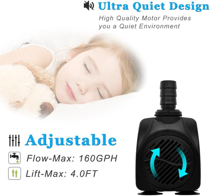 Small Fountain Pump, 160GPH Ultra Quiet Submersible Water Pump (600L/H, 10W) with 3.3 Ft Tubing for Aquariums, Fish Tank, Pond Fountain, Statuary, Water Feature, Indoor Fountains