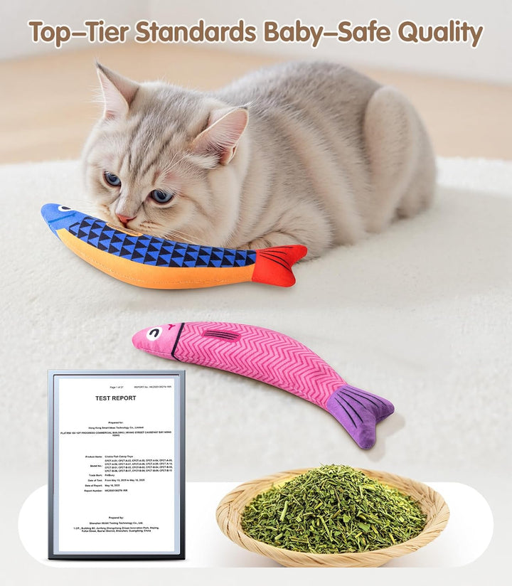 Interactive Cat Toys with [5000Mg A+ Organic Catnip] [Baby Grade] Soft Chew Kicker Cat Toys for Indoor Cats & Kittens,Crinkle &Rattle Fish Sound Toy,Drives Bored Cats Crazy with Fun,2 Pack