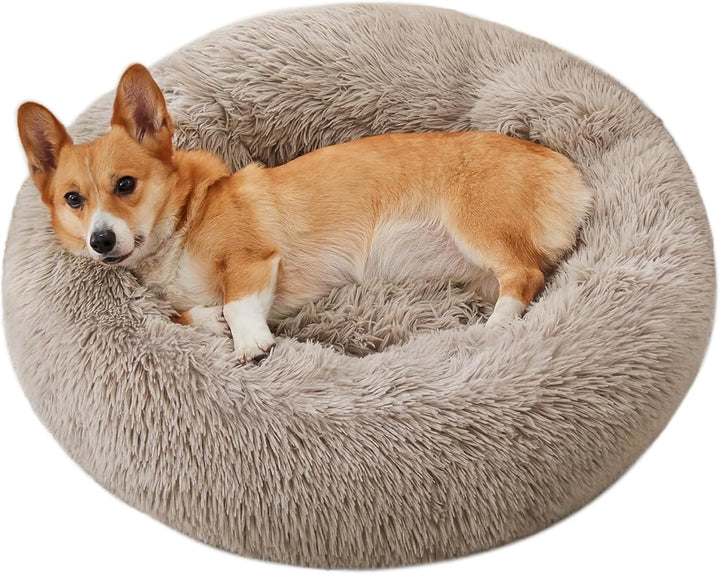 Calming Soft round Dog & Cat Bed, Anti-Anxiety Donut Cuddler Warming Cozy Fluffy Faux Fur Plush Cushion Bed for Small Medium Dogs and Cats (20"/24"/27"/30"), Light Grey