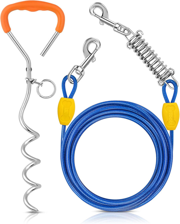 Dog Tie-Out Cable and Stake - 30Ft Heavy Duty Cable with Spring, No Tangle, 16In Ground Stake, Ideal for Yard, Camping and Beach, Suitable for Small Medium Large Dogs up to 120 Lbs, Blue