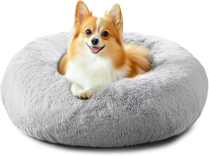 Small Dog & Cat Beds for Indoor Cats, Donut Cuddler Warming Soft Dog Beds with Anti-Slip Bottom, round Calming Fluffy Plush Faux Fur Cushion Bed for Small Medium Dogs (20", Smoke Grey)