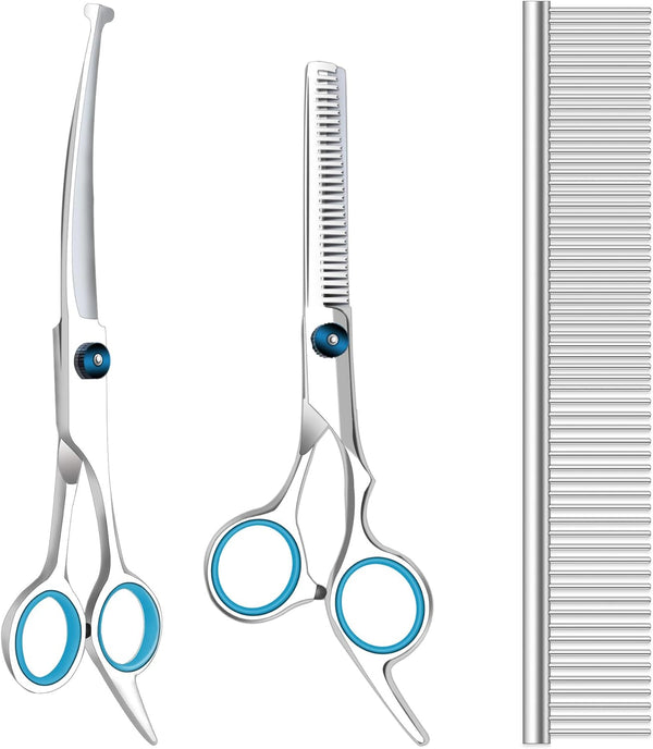 Dog Grooming Scissors with Safety round Tips, Heavy Duty Titanium Pet Grooming Trimmer Kit, Professional Thinning Shears, Curved Scissors with Comb for Dogs and Cats (Set of 3)