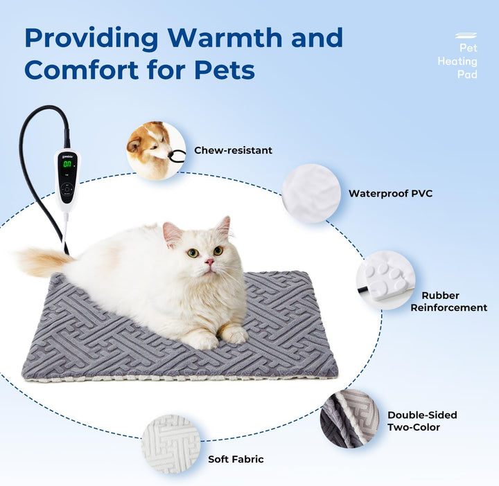 Cat Heating Pad - 11 Adjustable Temperature and 25 Timer Options, Heated Cat Bed Indoor Waterproof with Chew-Resistant Cord for Small Dogs, 18X18 Inch