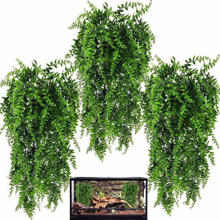 2 Pack Reptile Plants, Terrarium Hanging Plants Vines Artificial Leaves Habitat Decorations with Suction Cup for Bearded Dragon Hermit Crab Lizard Snake Geckos Chameleon