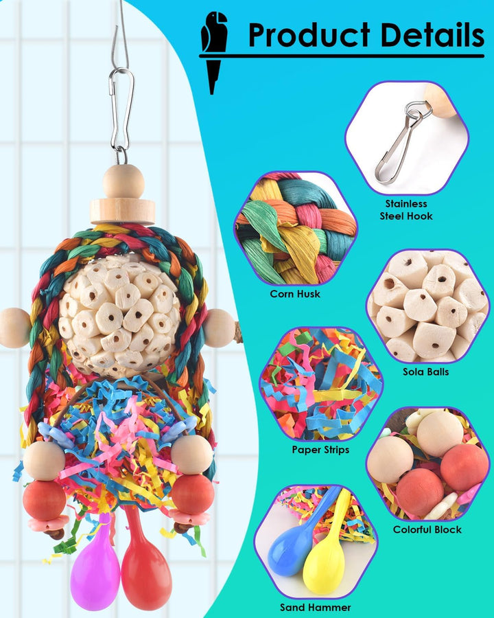 Conure Toys, 2PCS Bird Parrot Foraging Shredder Hanging Toys Sola Balls with Sand Hammer for Small Parrots Parakeets Conures Cockatiels Love Birds Cage Toy