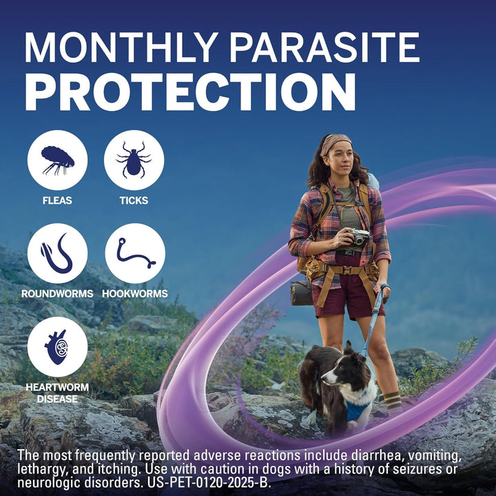 plus (Afoxolaner, Moxidectin, and Pyrantel) Flea and Tick Protection & Heartworm Preventive for Dogs Soft Beef Flavored Chewables, 33.1-66 Lbs. (Purple) 6 Chews (6 Month Supply)
