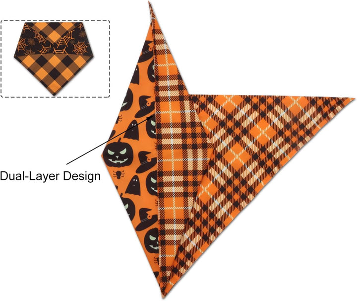 2PCS Fall Dog Bandanas,Halloween Dog Bandanas,One Side Orange Plaid,The Other Side Pumpkin or Spider Web Bibs,Holiday Pet Scarf for Boy and Girl Dogs,Thanksgiving Pet Outfit for Medium to Large Dogs