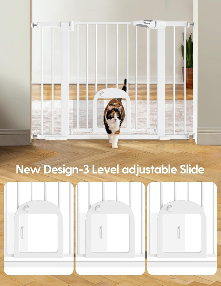 Baby Gate with Adjustable Cat Door,29-43" Auto Close Durable Pet Door for Stairs,Doorways and House,Pressure Mounted,Easy Install,Effortless Walk Thru,White