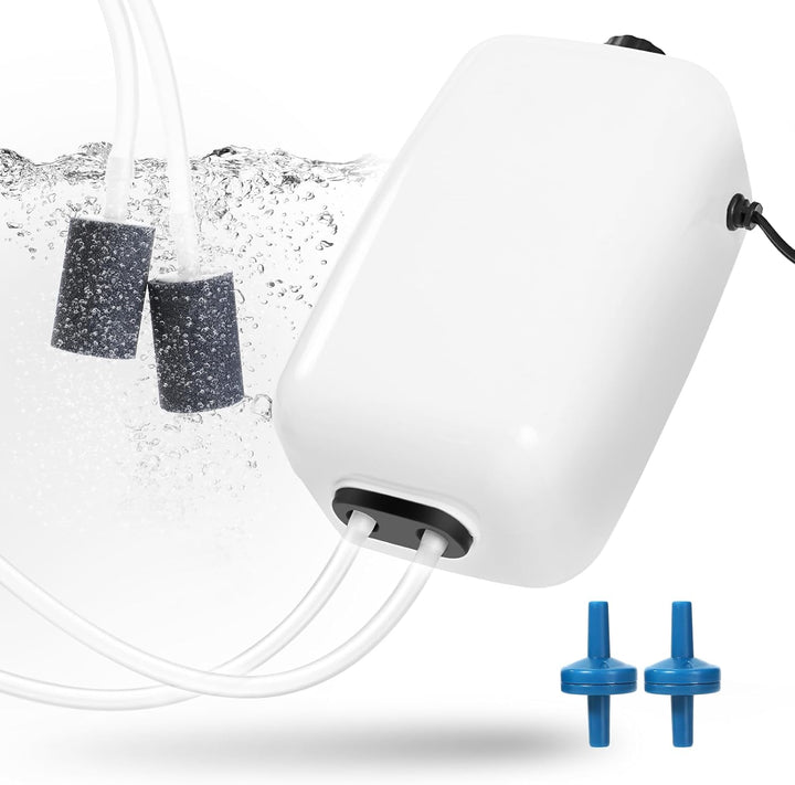 Aquarium Air Pump, Fish Tank Air Bubbler, Adjustable Dual-Outlet Hydroponic Oxygen Aerator with Air Stones, Airline Tubing, Check Valves
