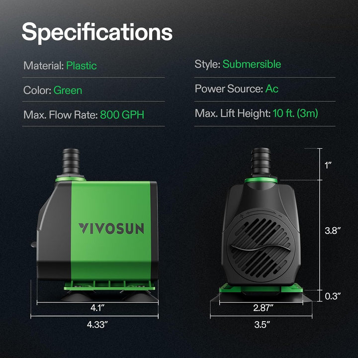 800GPH Submersible Pump(3000L/H, 24W), Ultra Quiet Water Fountain Pump with 10Ft. High Lift with 6.5Ft. Power Cord, 3 Nozzles for Fish Tank, Pond, Aquarium, Statuary, Hydroponics Green