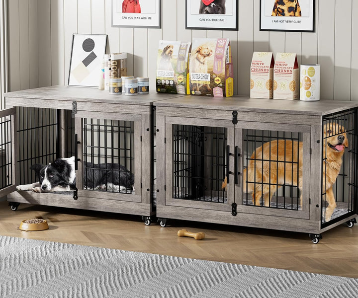 Dog Crate Furniture for Medium Dogs, 32'' Dog Kennel Indoor with Cushion & Wheels Wooden Dog Cage Double Doors Dog Crate End Table, Grey