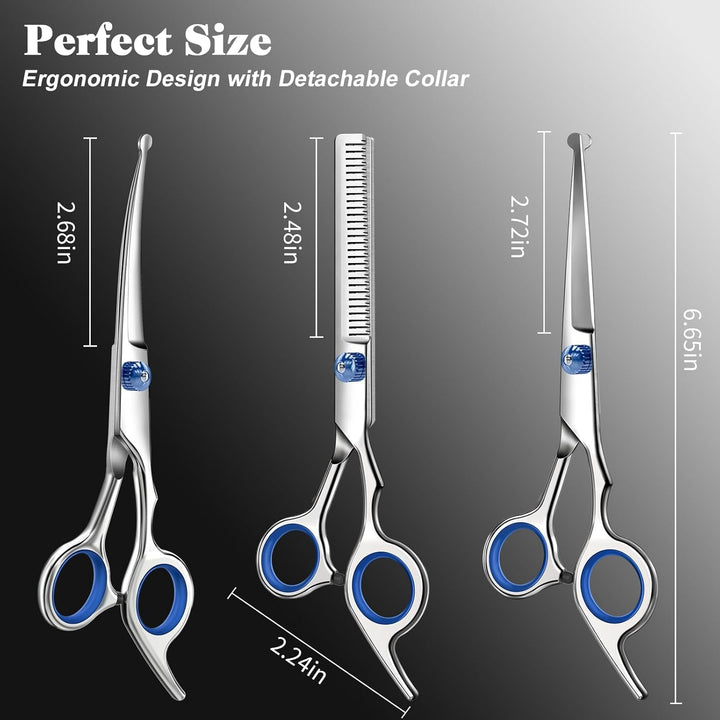 Professional 4 in 1 Dog & Cat Grooming Scissors Kit with Safety round Tips,Sharp & Durable,Dog Shears for Grooming - Includes Straight, Curved, Thinning Scissors and Comb - Premium Pet Supplies