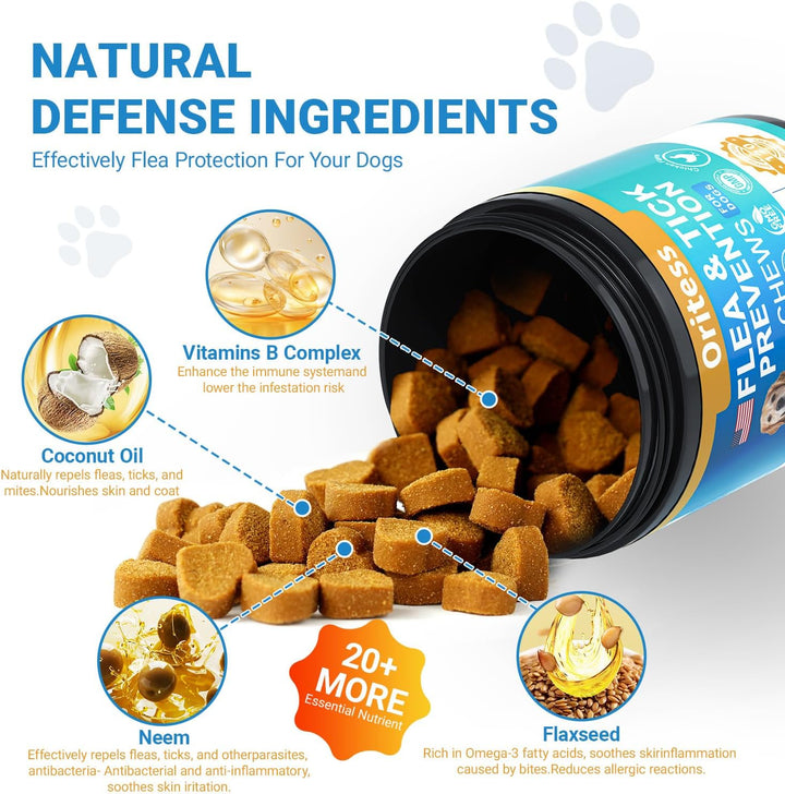 Flea and Tick Prevention for Dogs, 180 Soft Chews Natural Dog Flea and Tick Chewables Oral Flea Supplement for Dogs, Puppy Flea Support - All Breeds & Ages - Chicken Flavor