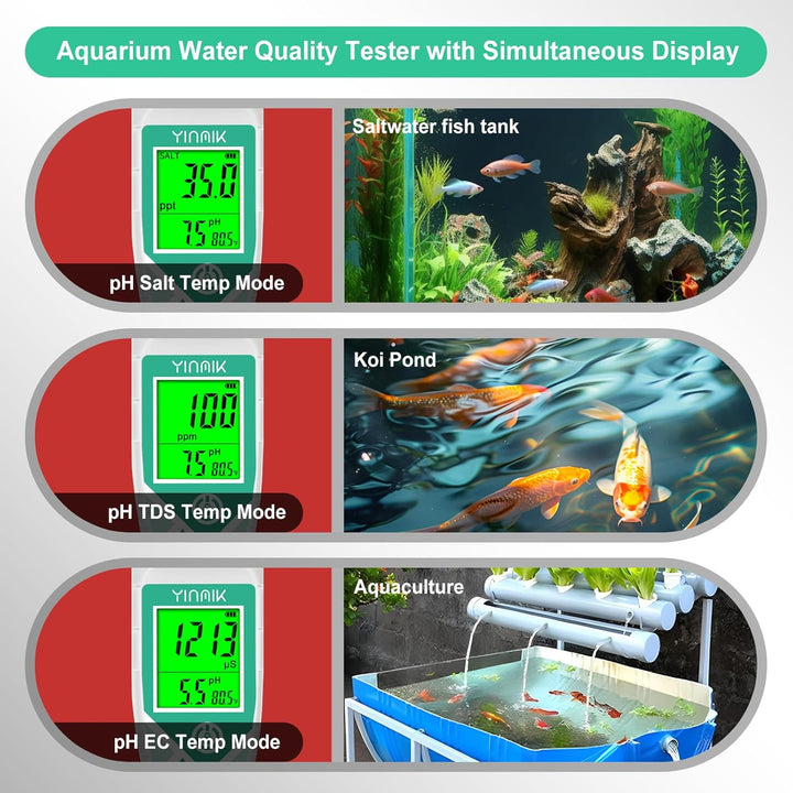 Aquarium Ph Salt Tester, Digital Salinity Meter for Freshwater & Saltwater Fish Tank, Simultaneous Display Salt Ph TDS for Koi Pond, Reef Tank, Aquaponics PPM Ph EC Reader, Hydrometer with S.G. Card