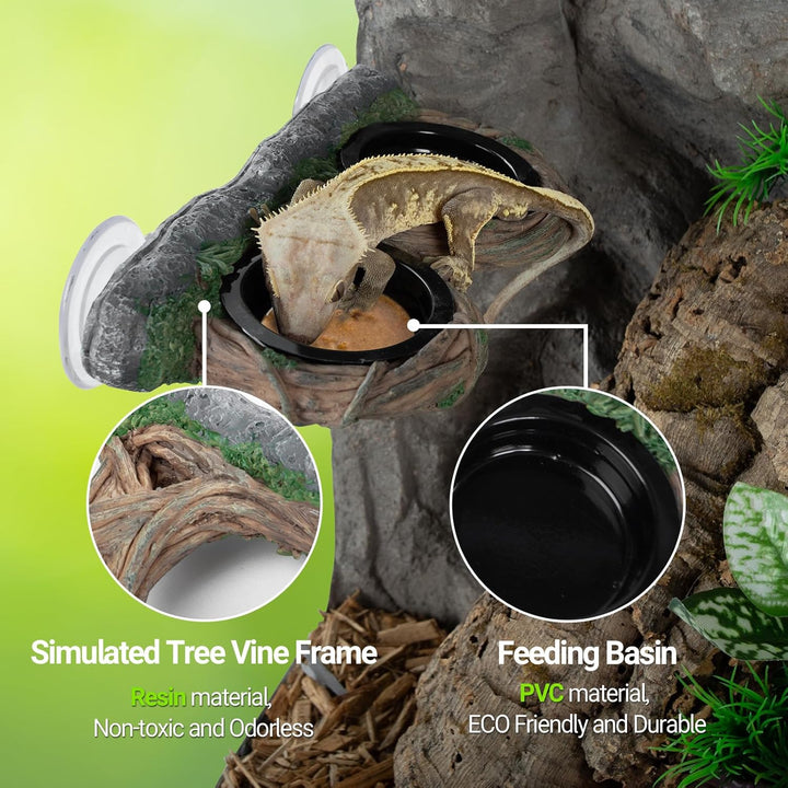 Dual Gecko Feeder Ledge, Reptile Hollow Vine Food Feeding for Bearded Dragon Lizard Snake Turtle, Reptile Water Feeding with 4 PCS Bowl, Reptile Dish Terrarium Tank Decor Accessories
