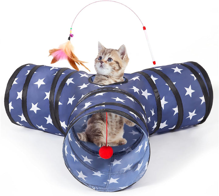 Pet Cat Tunnel Tube Cat Toys 3 Way Collapsible, Tunnels for Indoor Cats，Kitty Bored Peek Hole Toy Ball Cat, Puppy, Kitty, Kitten, Rabbit