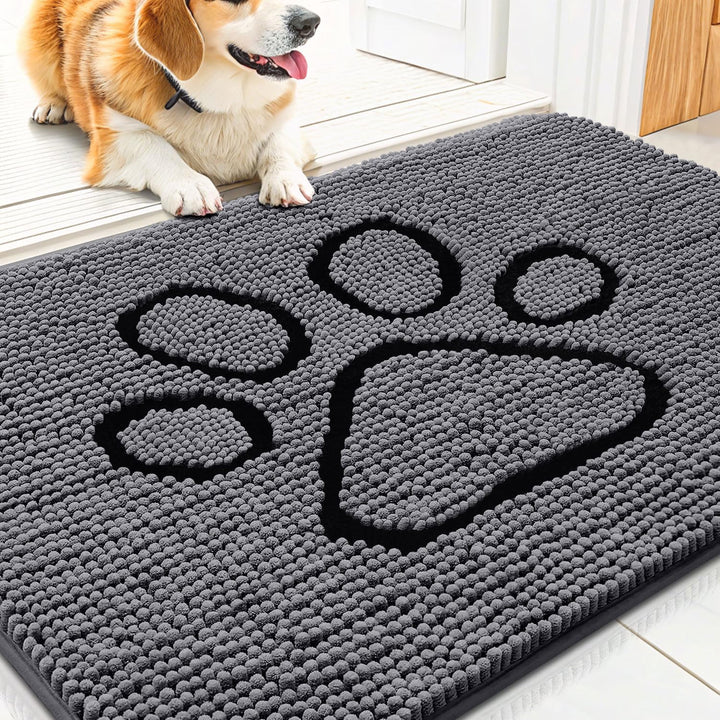 Dog Door Mat for Muddy Paws, Absorbent Dirt Trapper Non Slip Quick Dry Washable Chenille Mat for Mud Dogs, Entry Rug for Indoor and Outdoor (30X20 Inches, Grey)