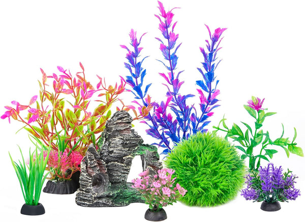 Aquarium Artificial Plastic Plants Decorations and Rock Cave Decor Set Goldfish Betta Fish Tank Accessories Small Large Fish Bowl Ornaments