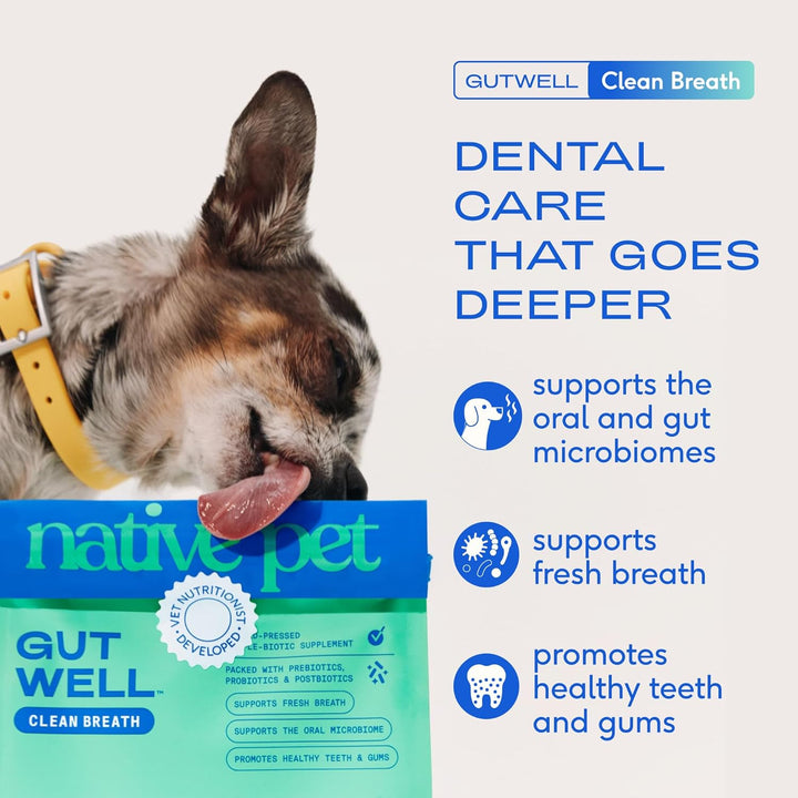 Gutwell Clean Breath - Dog Breath Freshener & Dog Dental Powder - Teeth Cleaning to Reduce Plaque & Tartar - Promotes Fresh Breath with Targeted Triple-Biotic Dental Care Blend - 60 Scoops