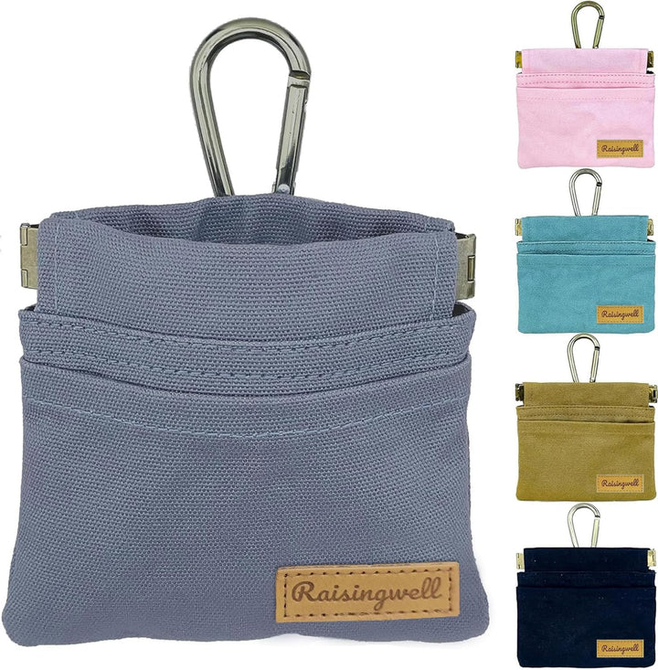 Dog Treat Pouch, Green Pocket Sized Pet Training Pouch, Cotton Fabric, Hand Free Dog Walking Bag with Carabiner, Self-Closing Pet Feed Snack Reward, for Puppy Travel or Outdoor Use